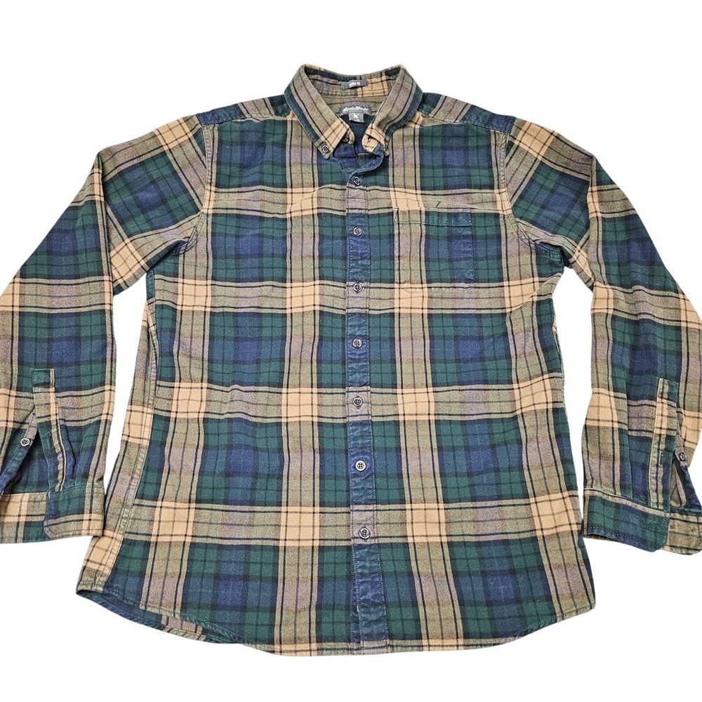Eddie‎ Bauer Plaid Flannel Shirt Mens TL Green Tan Classic Fit Outdoor Casual